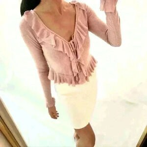 Free people pink ruffle v neck top lounge sleep intimate blush winter romantic